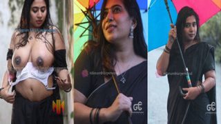 Nila Nambiar nude xxx striping Black Saree in rain