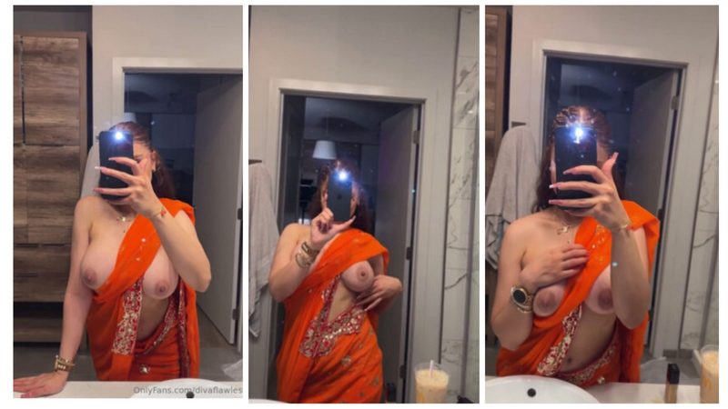 DIVA FLAWLESS Naked New Leaked Teasing & Pressing Big Tits in Orange Saree